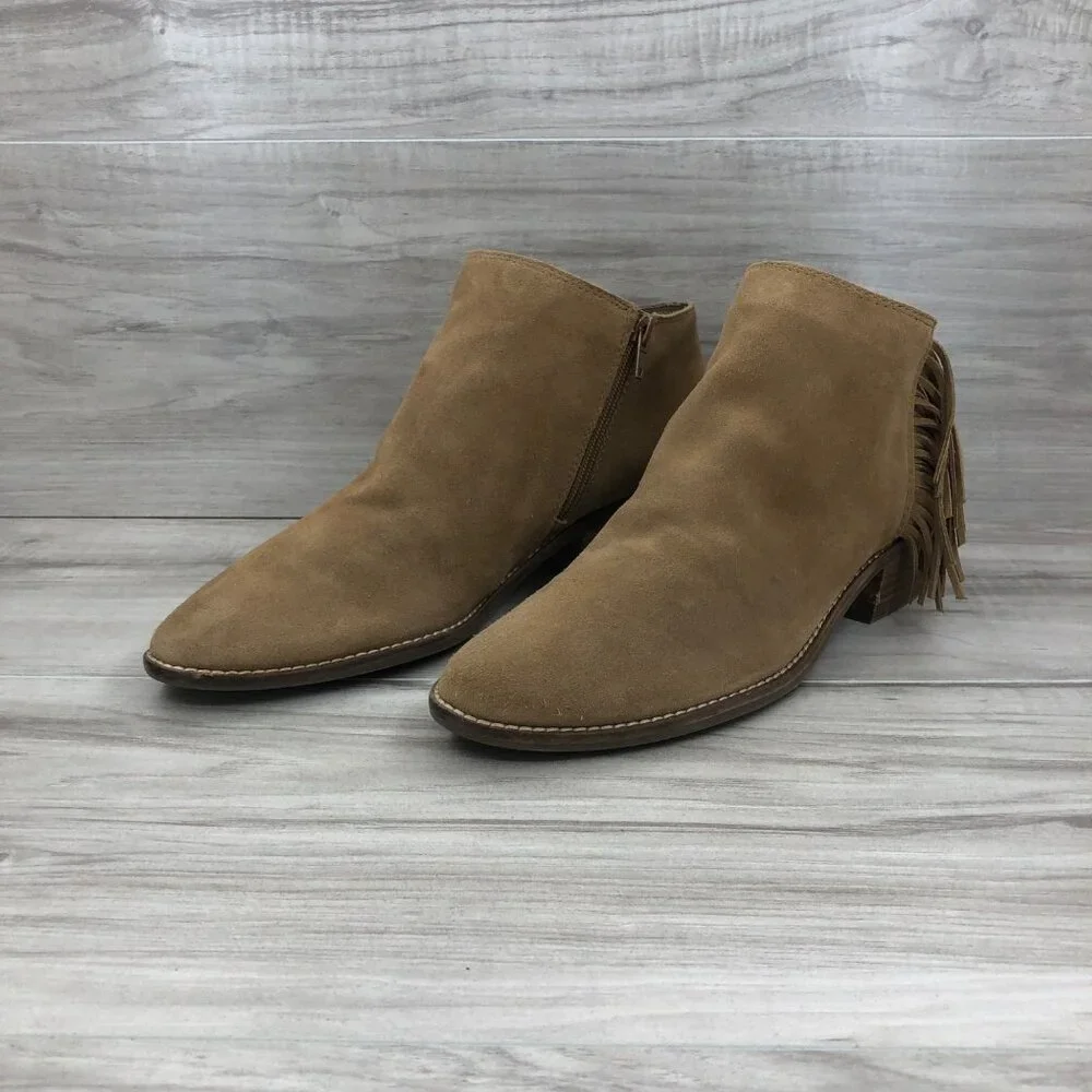 Lucky Brand Ankle Boots Women's11 Felisie Tan Suede Fringe Zip Booties